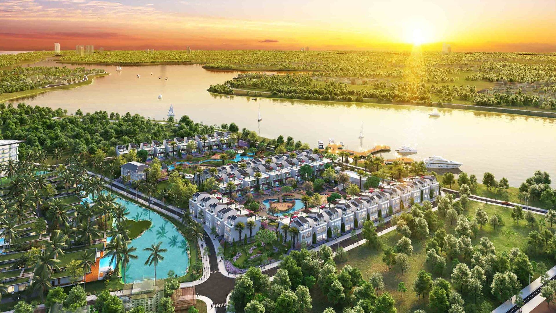 Phối cảnh cụm biệt thự ven sông Cổ Cò lúc hoàng hôn, bến du thuyền và hồ bơi giữa hàng cọ