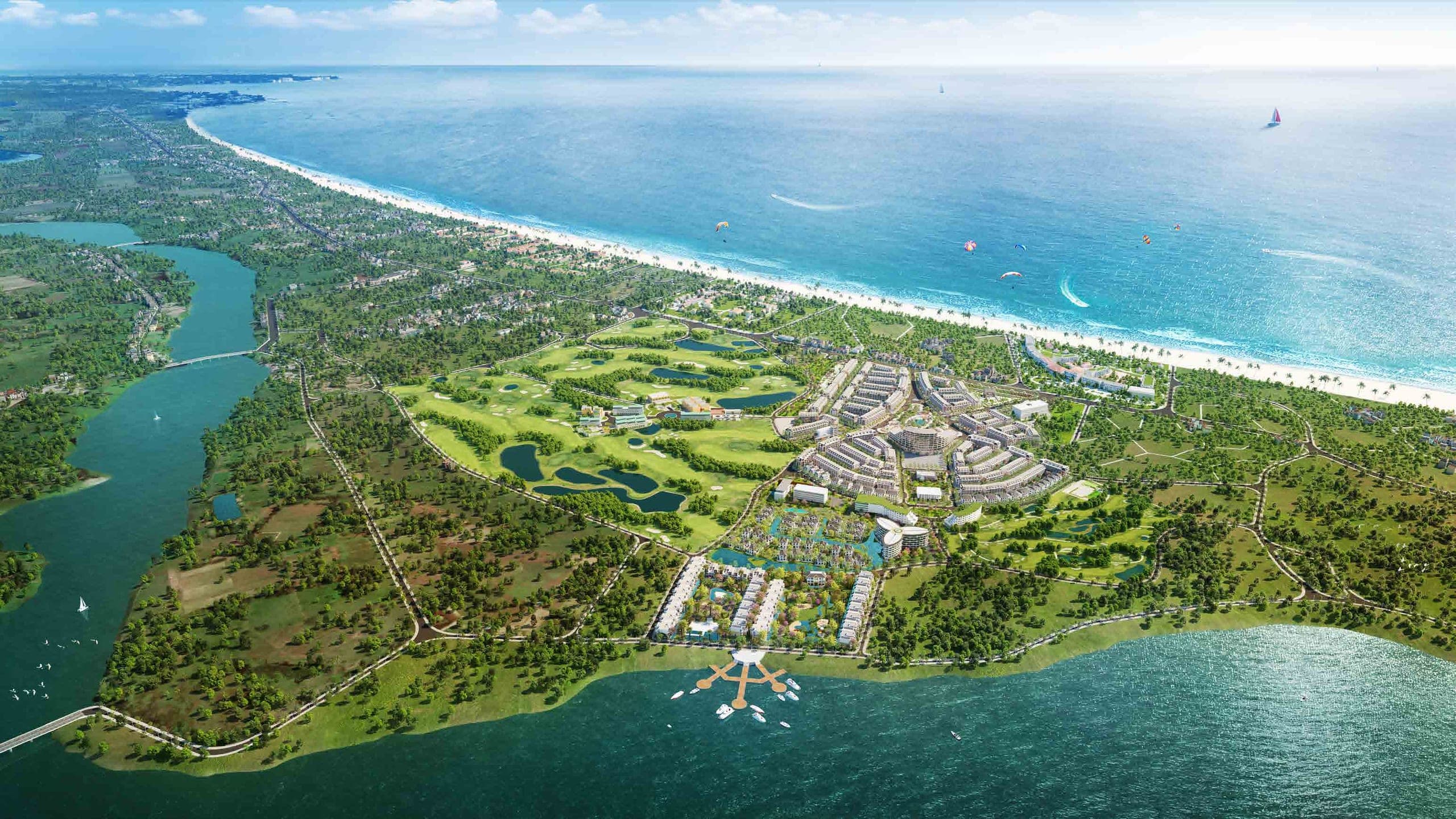 Phối cảnh toàn khu The An Heritage nhìn từ biển: bãi biển, sân golf, các cụm nhà và bến du thuyền bên sông Cổ Cò