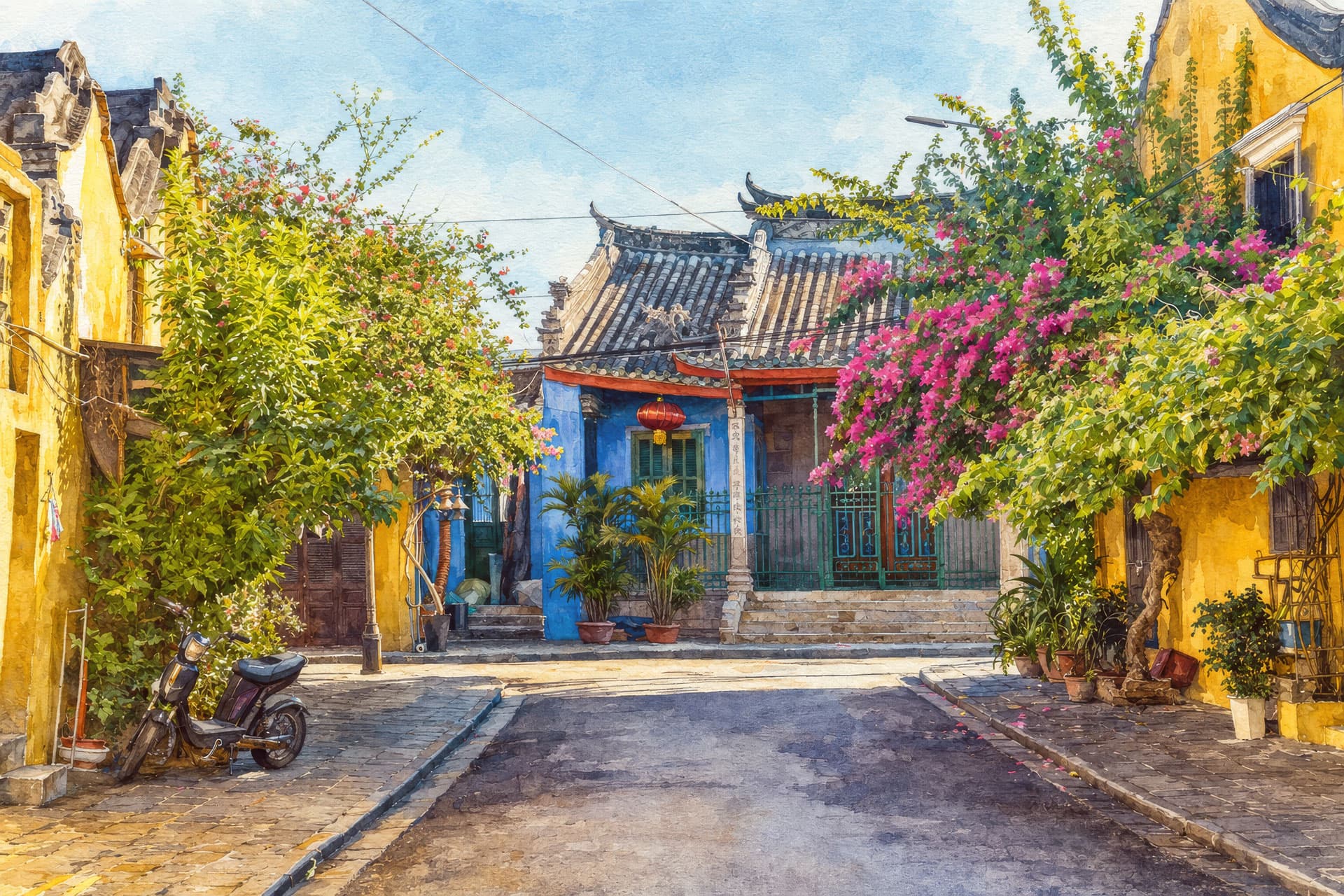 Phố cổ Hội An buổi tối với đèn lồng và mái ngói