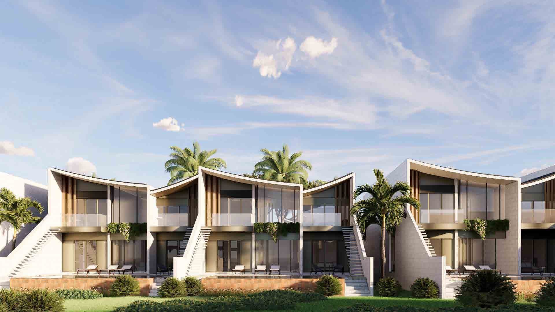 Phối cảnh dãy Lagoona Villas mái cong, cầu thang ngoài trời và bãi cỏ phía trước