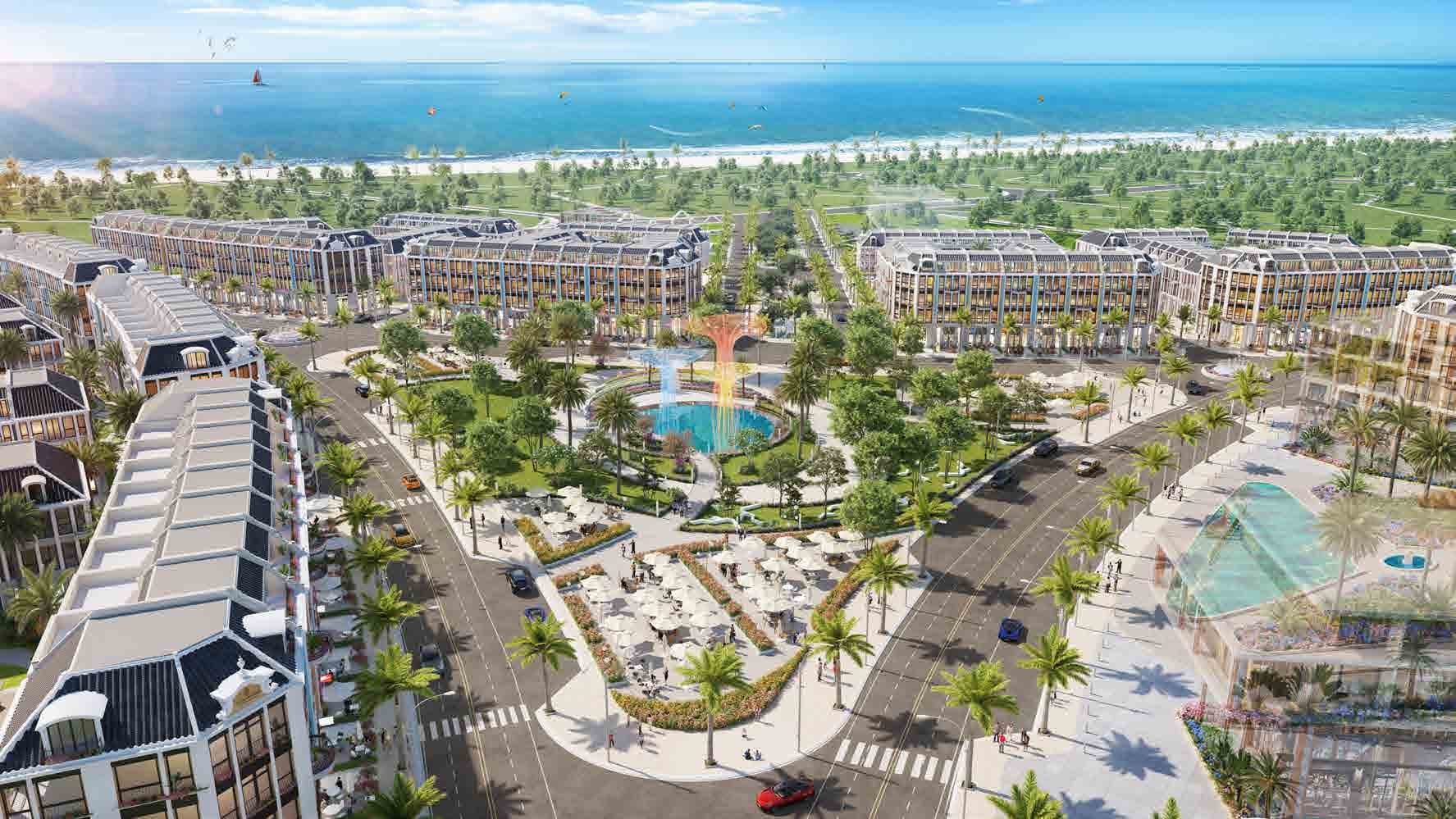 Phối cảnh quảng trường trung tâm với nhạc nước, hàng cọ và các dãy nhà phố hướng ra biển