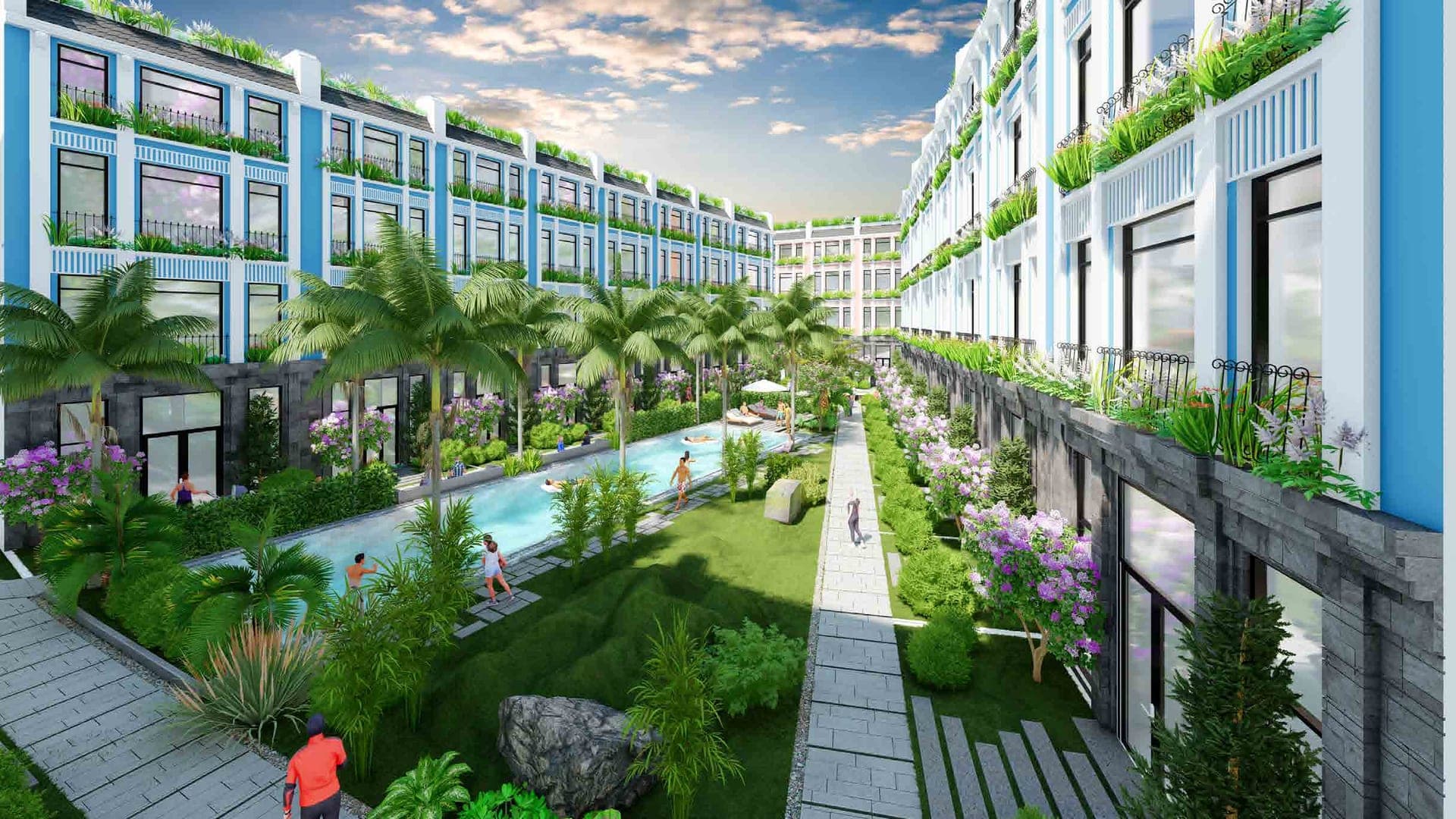 Phối cảnh sân trong với hồ bơi uốn lượn, cây xanh và các dãy nhà bao quanh