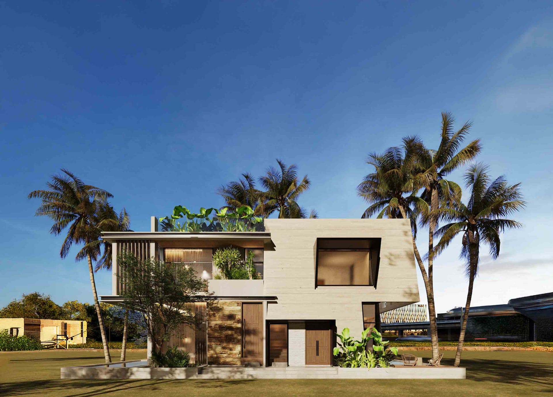 Phối cảnh một biệt thự The Waterfront hai tầng giữa hàng dừa, mặt tiền đá sáng và vườn trên mái