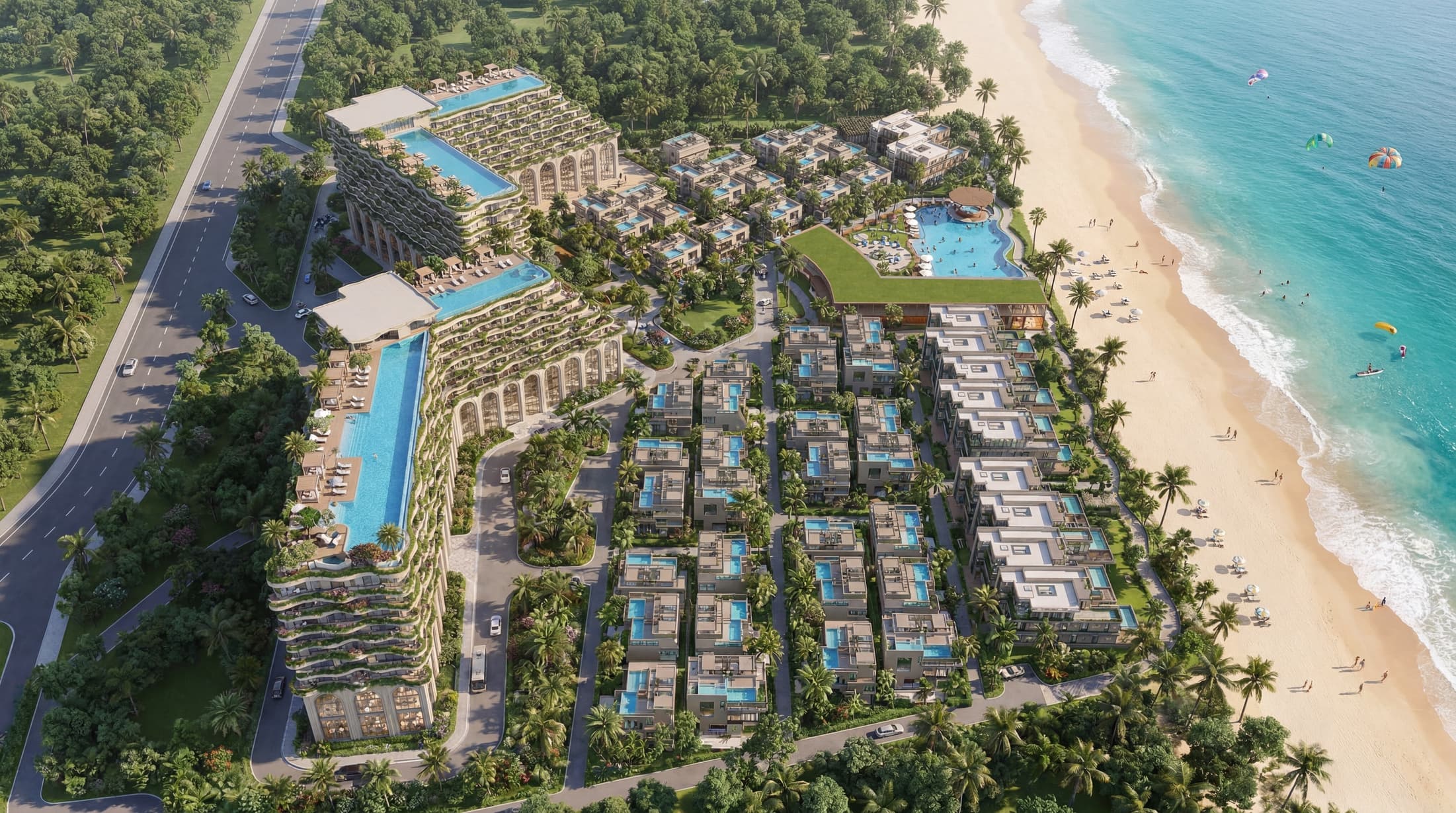 Phối cảnh The An Ocean Wellness nhìn từ trên cao: hai khối khách sạn, dãy biệt thự có hồ bơi riêng và bãi biển An Bàng
